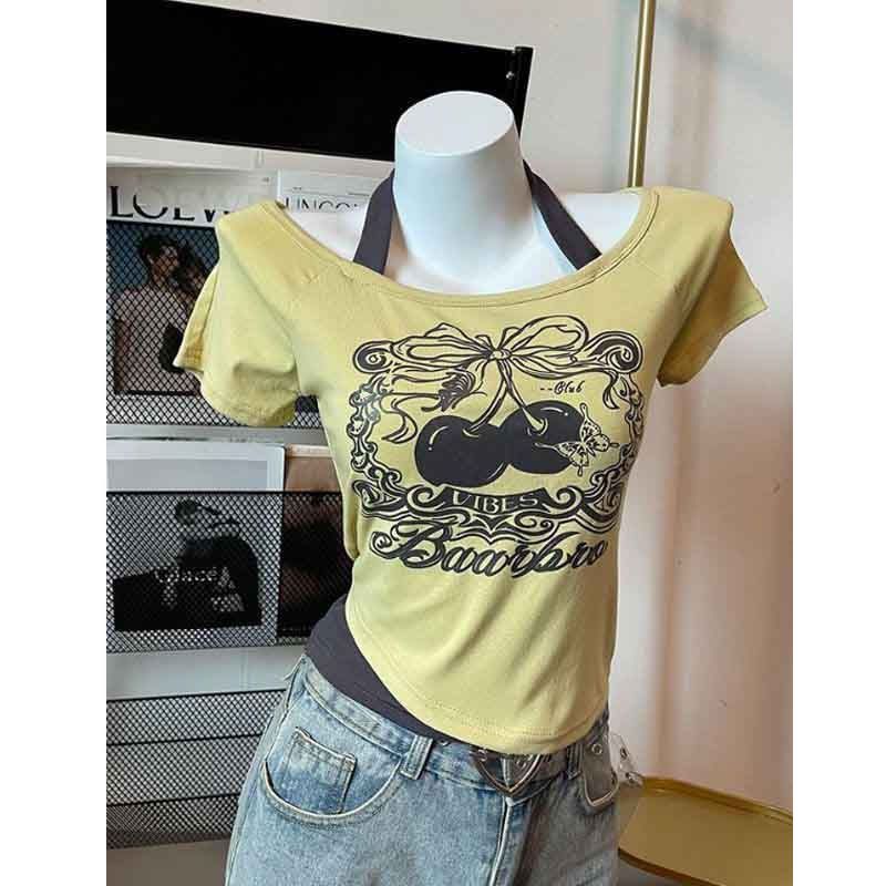 Maxct Retro Millennial Fake Two Letter Printed T-Shirt Women Y2K Streetwear Hot Girls Slim Korean Fashion Street Trend Casual Tops