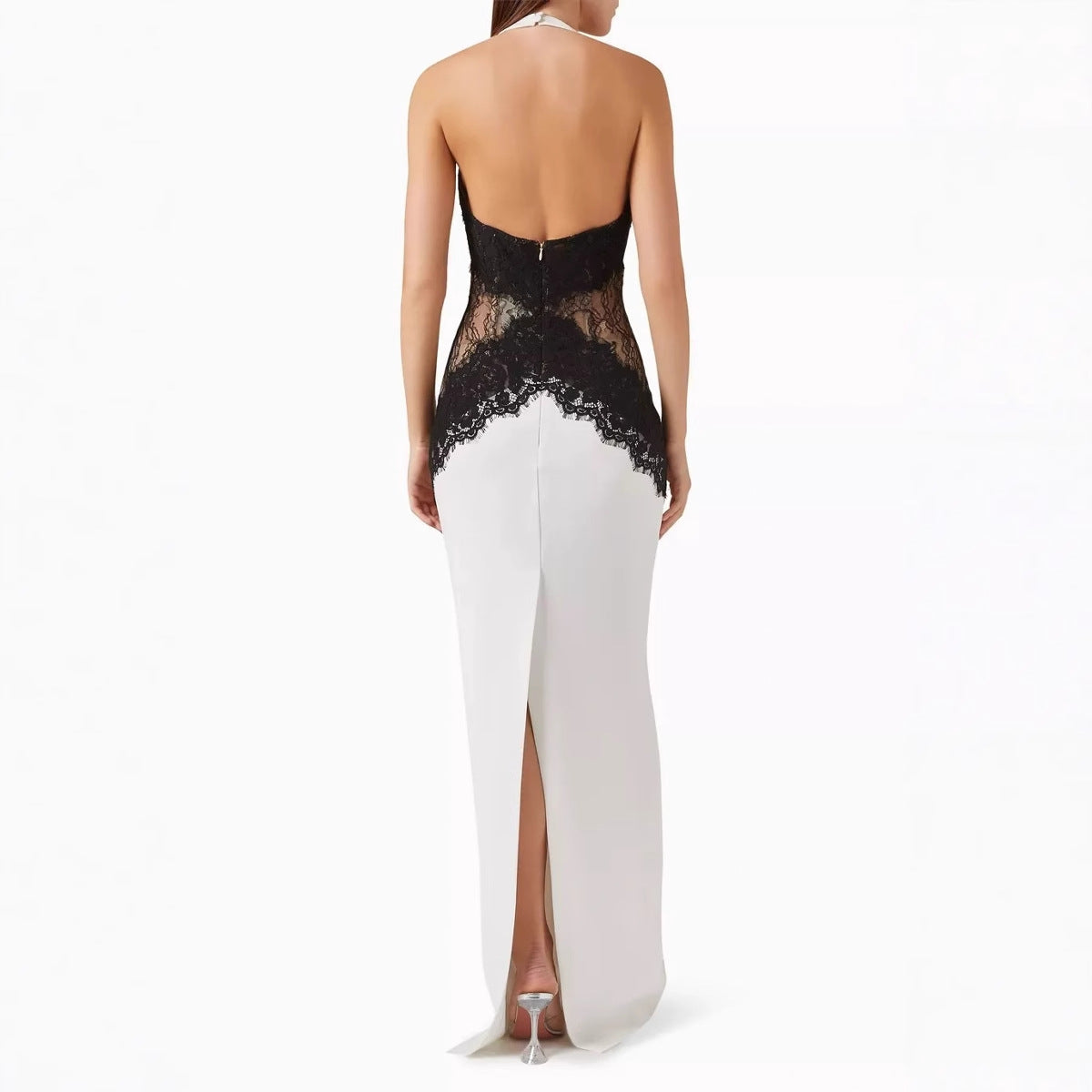 Lace-Paneled Hollow Halter Neck Slit Midi Dress Maxct