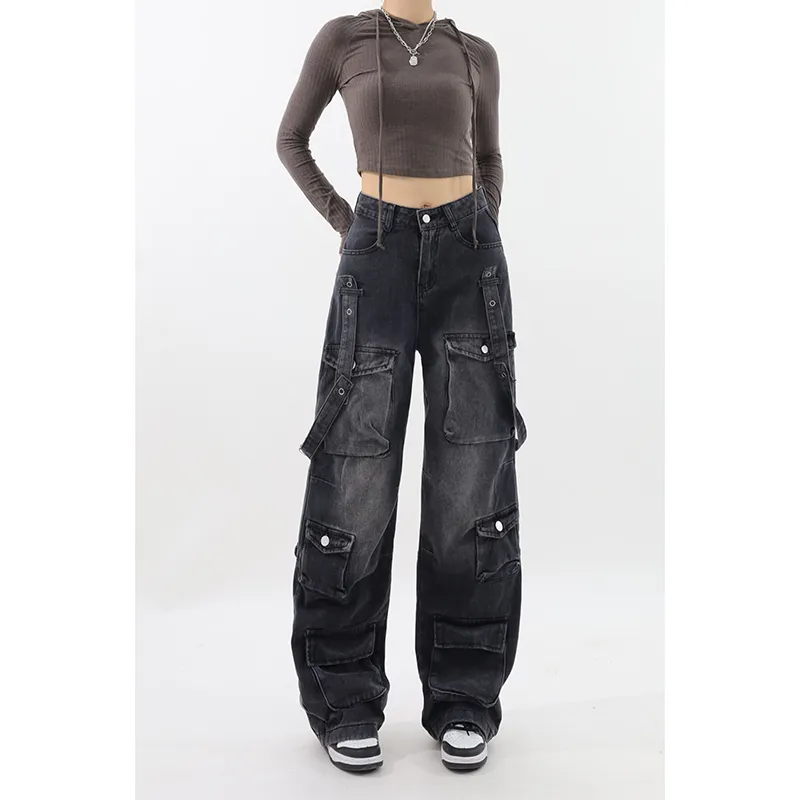 Y2K Emo Korean Vintage Streetwear Black Cargo Baggy Jeans for Women - true deals club