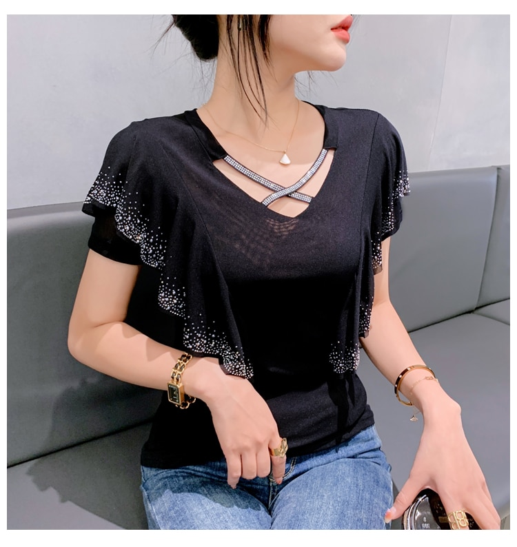 Maxct Ruffles Mesh T Shirts Women's Short Sleeve Fake Diamonds Crossed V Neck T-shirts Female Elegant Tops Tees BH6038