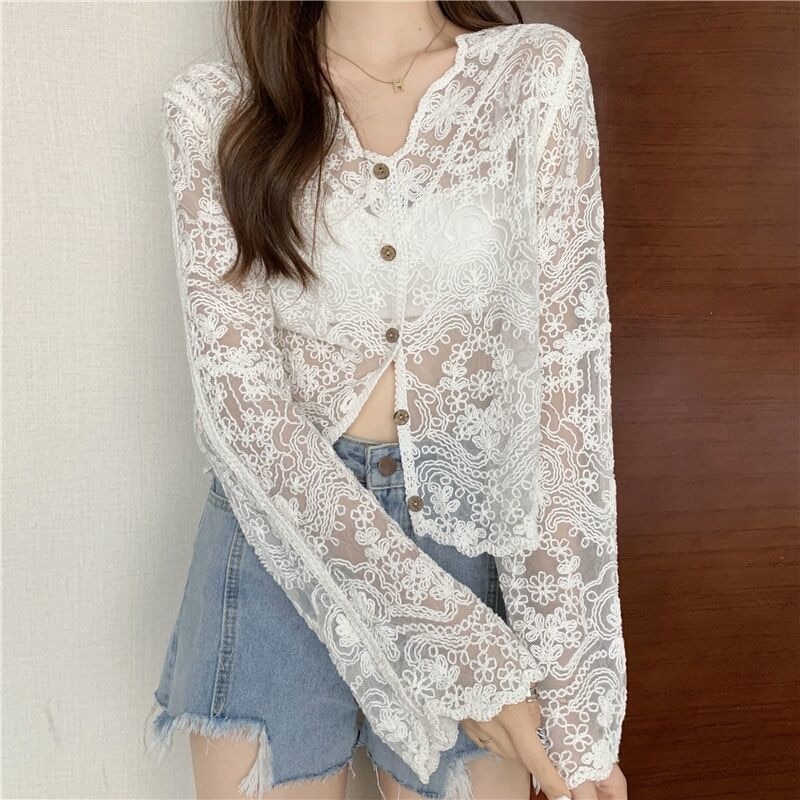 See Through Shirt Women Lace Blouse Summer Sun-Proof Sweet Sheer Tops Preppy V-Neck Casual Trendy Harajuku Basic Korean Blouse