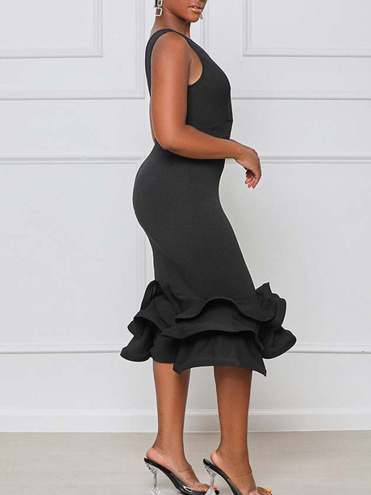 Ruffled Trim Bodycon Midi Dress Maxct