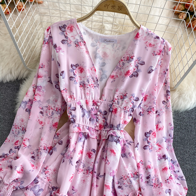 Women's Green/Purple/Beige Floral Chiffon Dress Bohemian V-Neck Lantern Long Sleeve High Waist Ruffle Vestidos Female New
