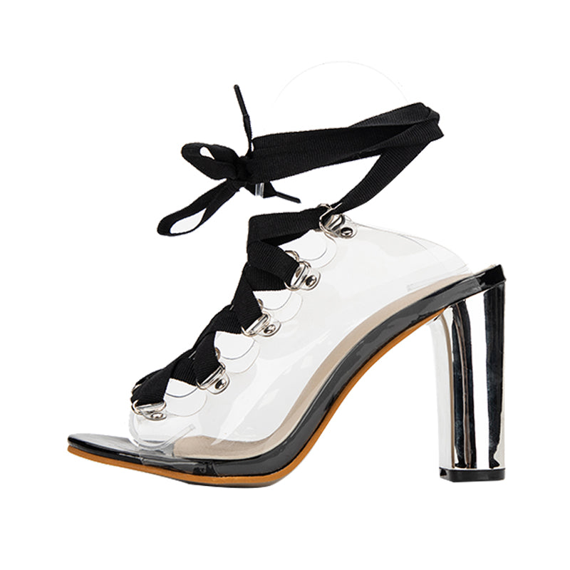 Square-Heeled PVC Transparent Cross-Tied Sandals Maxct