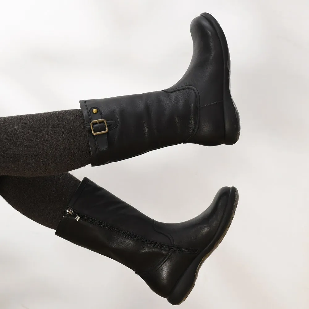 Womens Retro Mid Calf Boots with Short Plush Lining for Cold Winter Black/Blue Maxct