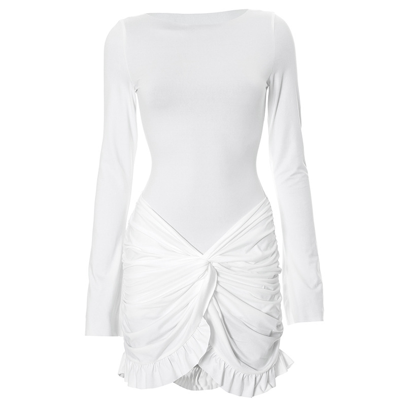 Ruffled Twist Skinny MIni Dress Long Sleeve Patchwork High Waist Party Dress FeY2k Bodycon Dress