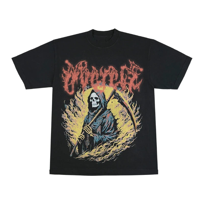 Maxct 90s Streetwear Gothic Streetwear T Shirts Men Harajuku Retro Print Pattern Oversized Tshirt Y2K Punk Skull Demon Graphic Short Sleeved Tops