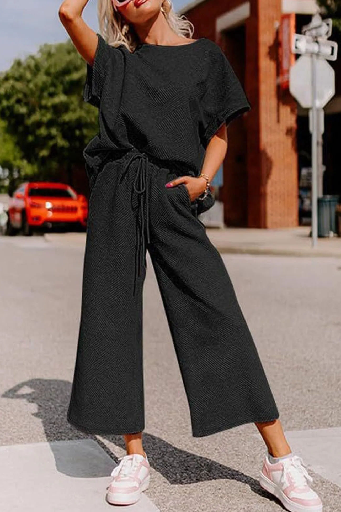 Maxct Solid Textured T-shirt Long Pants Set