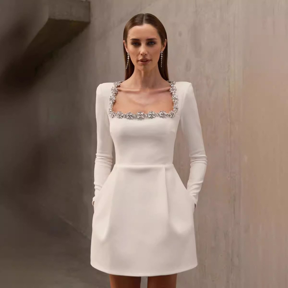 Maxct 2024 New Women's White French Square Collar Diamond Long Sleeve Bandage Dress Summer High-end Sense