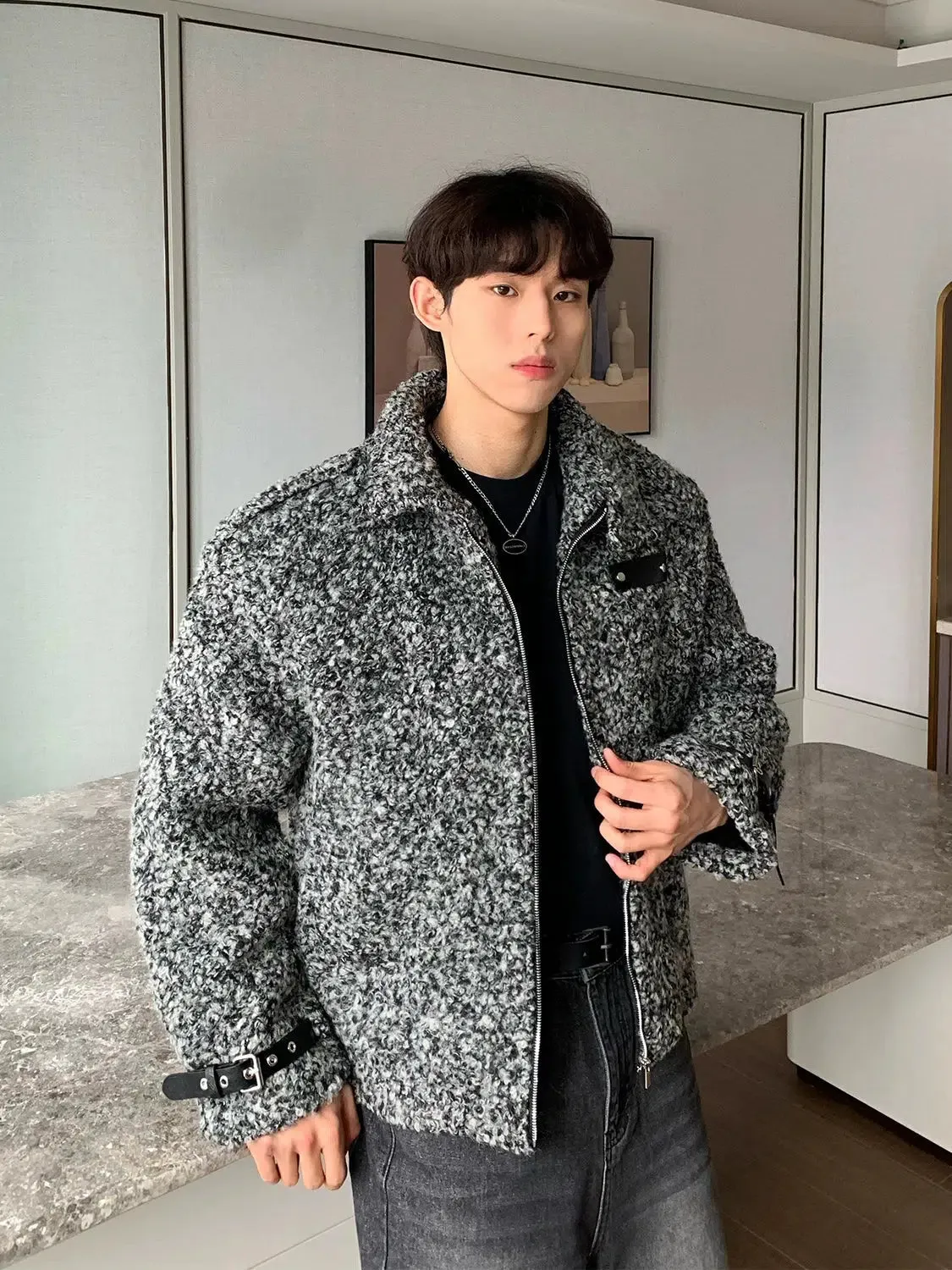 Maxct Belt Buckle Zipper Woolen Jacket