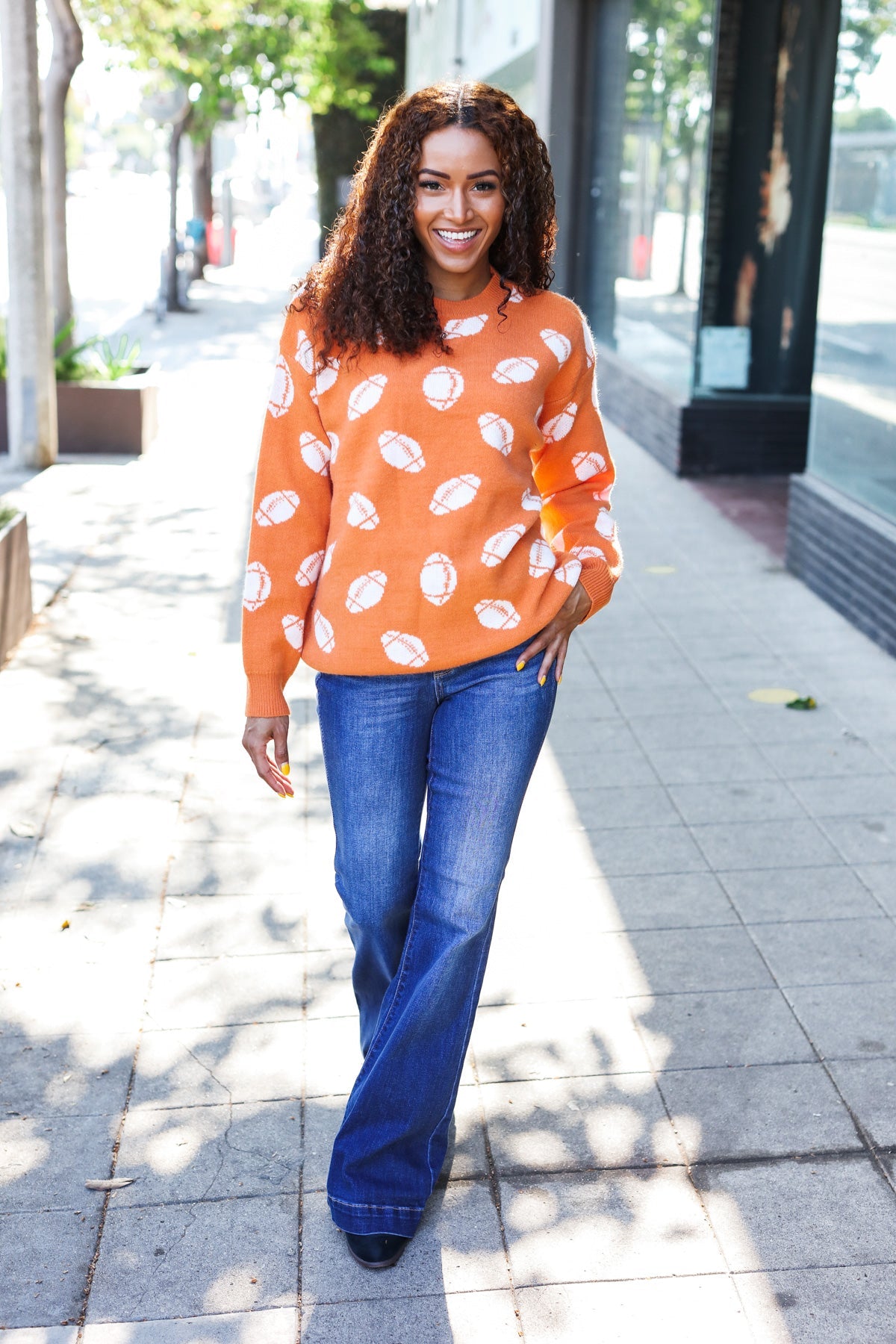 Maxct &Game Day Orange Football Print Jacquard Knit Sweater