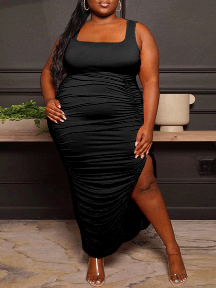 Ruched Bodycon Slit Midi Dress Maxct