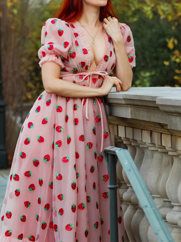 Sequined Strawberry Mesh Pleated Maxi Dress Maxct