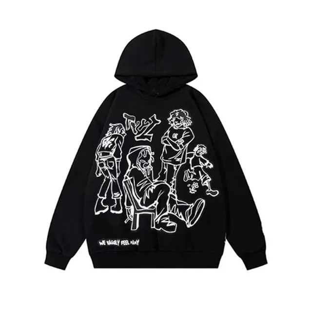 Maxct Cartoon Graphic Print Hoodies Women Men Y2K Streetwear Harajuku Long Sleeve Pink Hooded Sweatshirt Vintage Casual Loose Hoodie