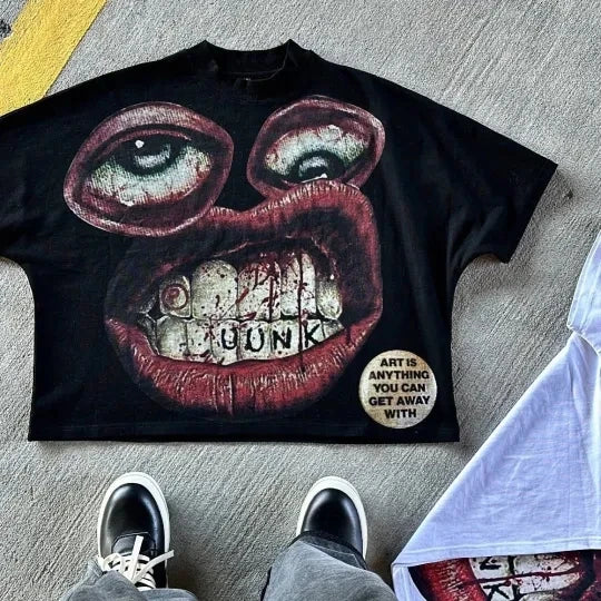 Maxct Y2K Cotton T Shirt Mens Womens Harajuku Hip Hop Big Eyes Mouth Graphic Printed Oversized T Shirt Retro Classic Short Sleeve Tops