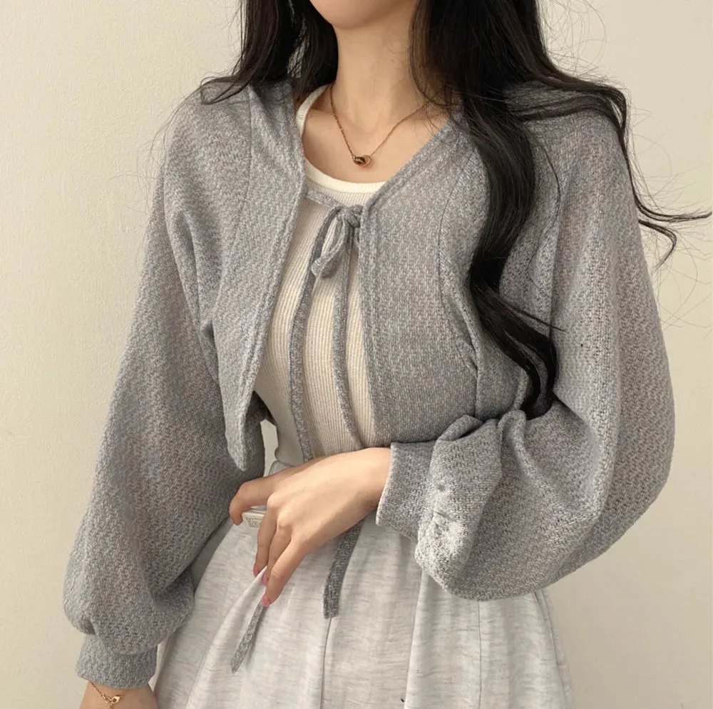 Maxct Thin White Cardigan Bandage Lantern Sleeve Short Coat Pull Femme Knitwear Top Girl Cardigan Korean Style Casual T Shirt