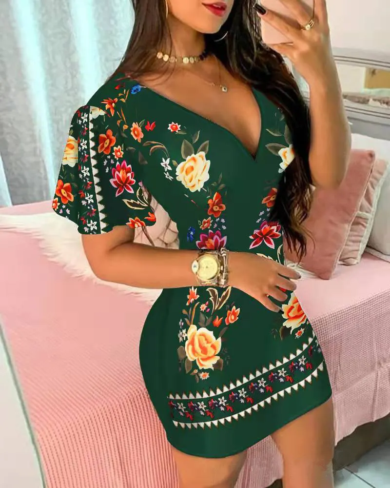 Women's Elegant Dress Vintage Floral Print Ruffles Bodycon Dress for Party Cocktails Casual Mini Dress Vacation Dress