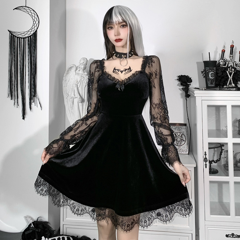 Maxct cybergoth dress to impress Hy21249 Dark Style Autumn New Hip Hop Lace Fashion Chest Speaker Long Sleeve Dress
