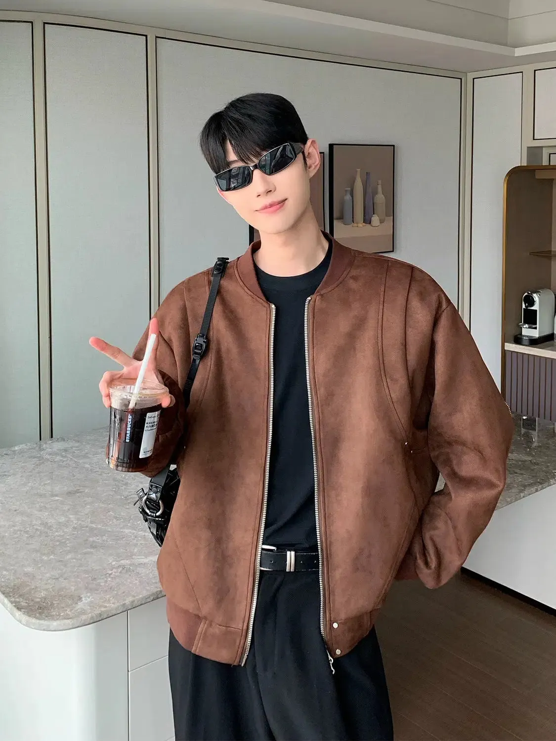 Maxct Zipper Velvet Suede Baseball Jacket