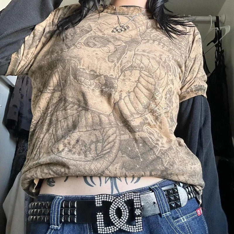 Maxct Japanese Edgy 00s Retro Gothic Emo T-shirt Cyber Y2K Grunge Mall Goth Top Patchwork Full Sleeve Baggy Pullovers Tees