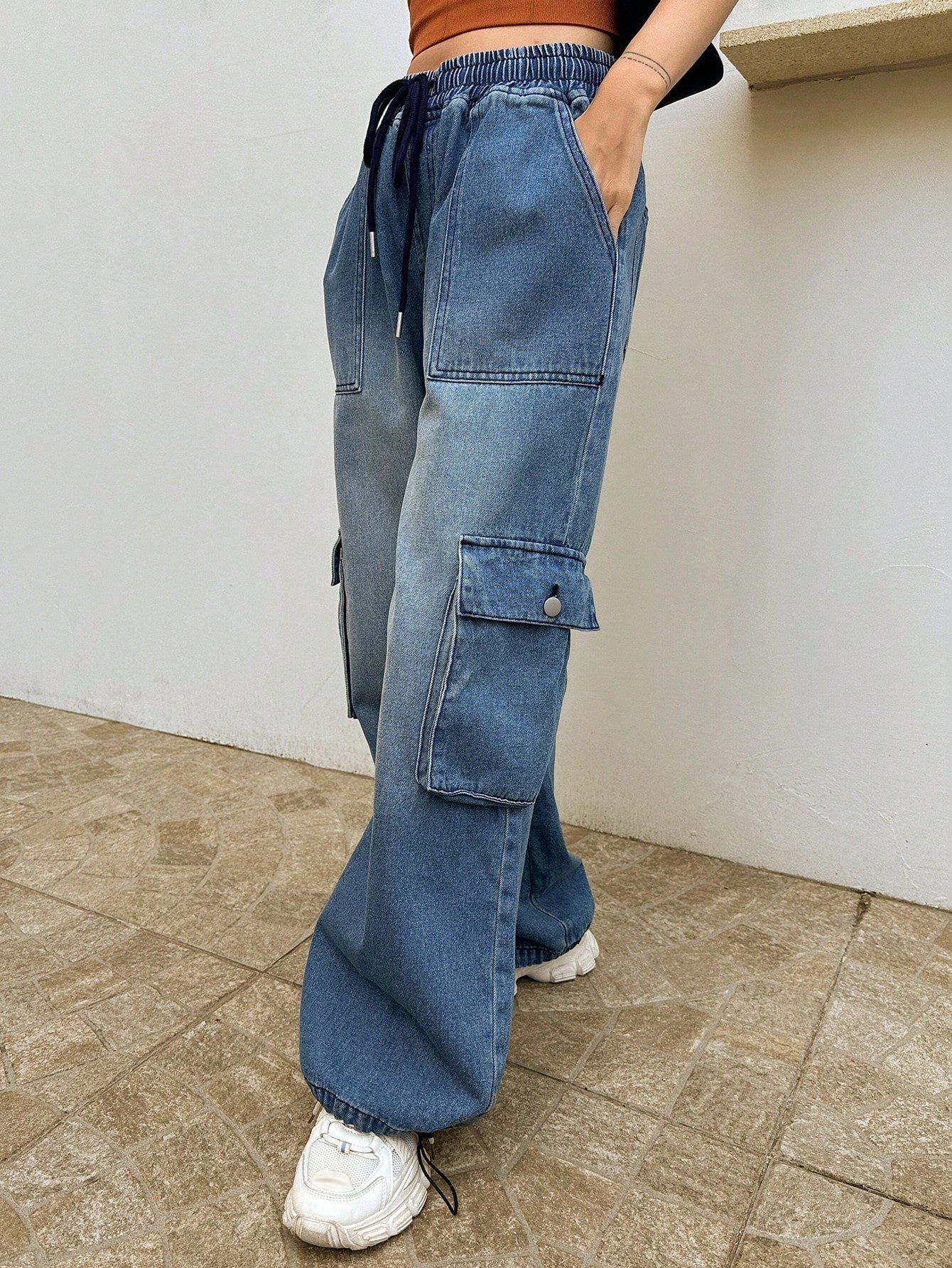 Maxct Drawstring Waist Flap Pocket Side Cargo Pants