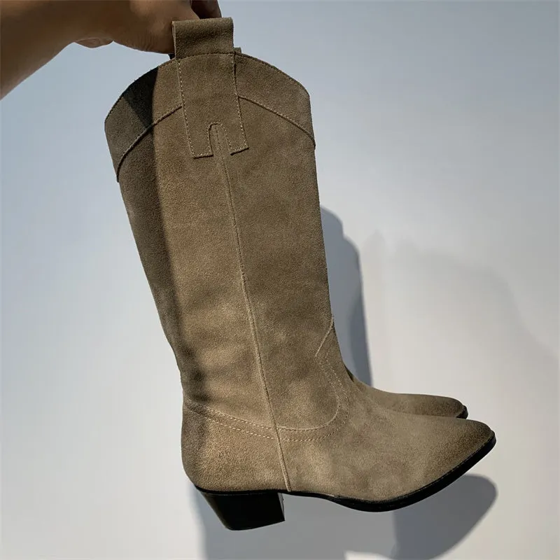 Western Bootss Mid Calf suede knee boots- Black/Khaki Maxct