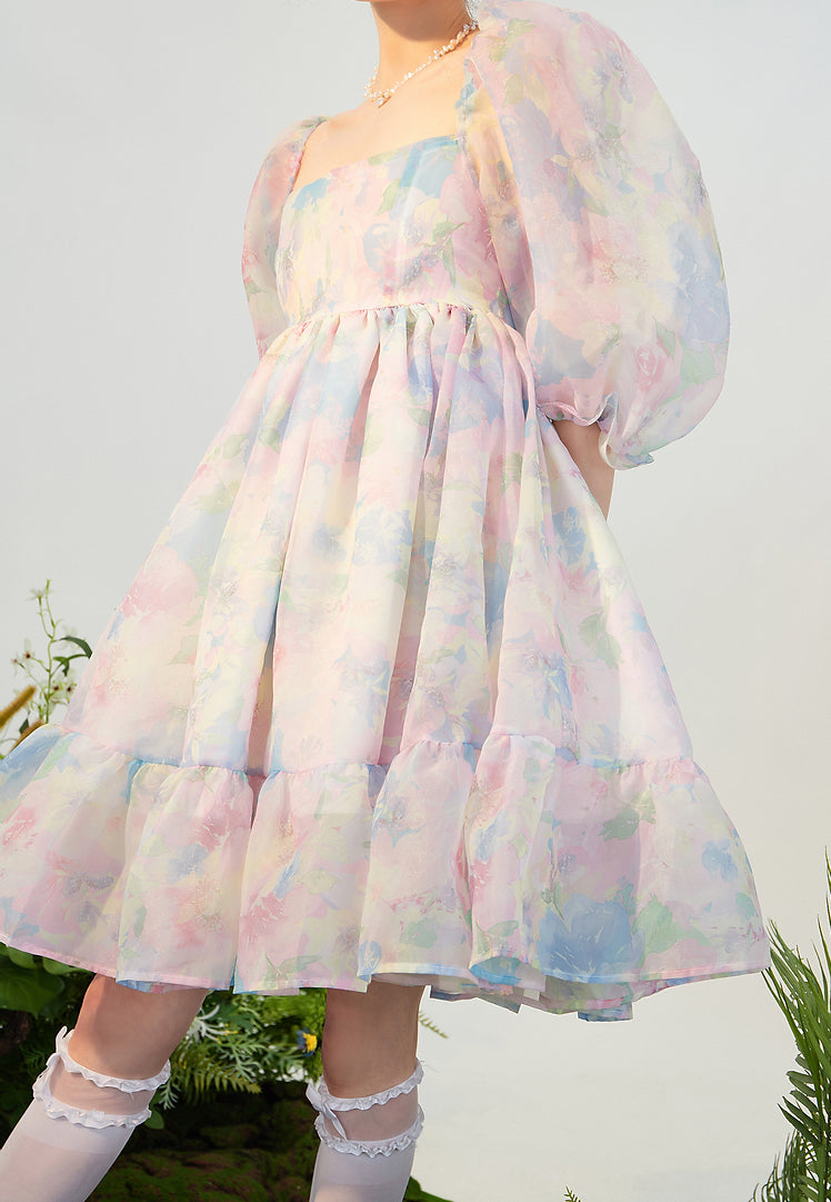 Watercolor Floral Puff Dress Maxct