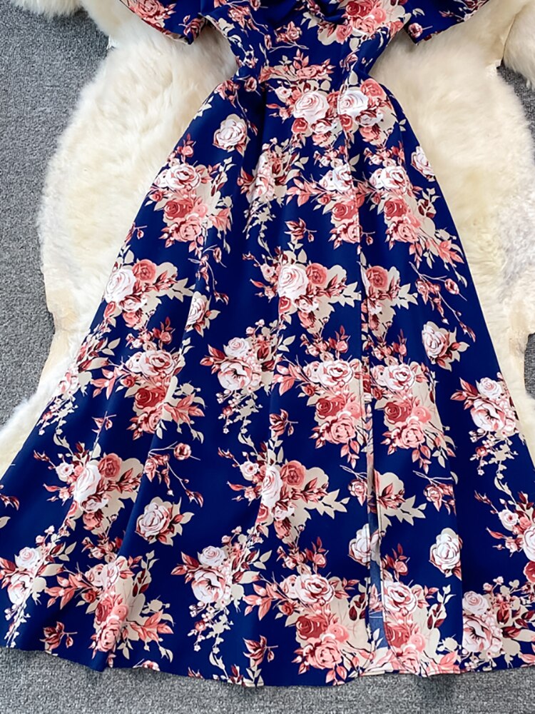 Vintage Women Printed Dresss Sexy Square Collar Short Puff Sleeve High Waist A-Line Vacation Beach Vestidos Female New