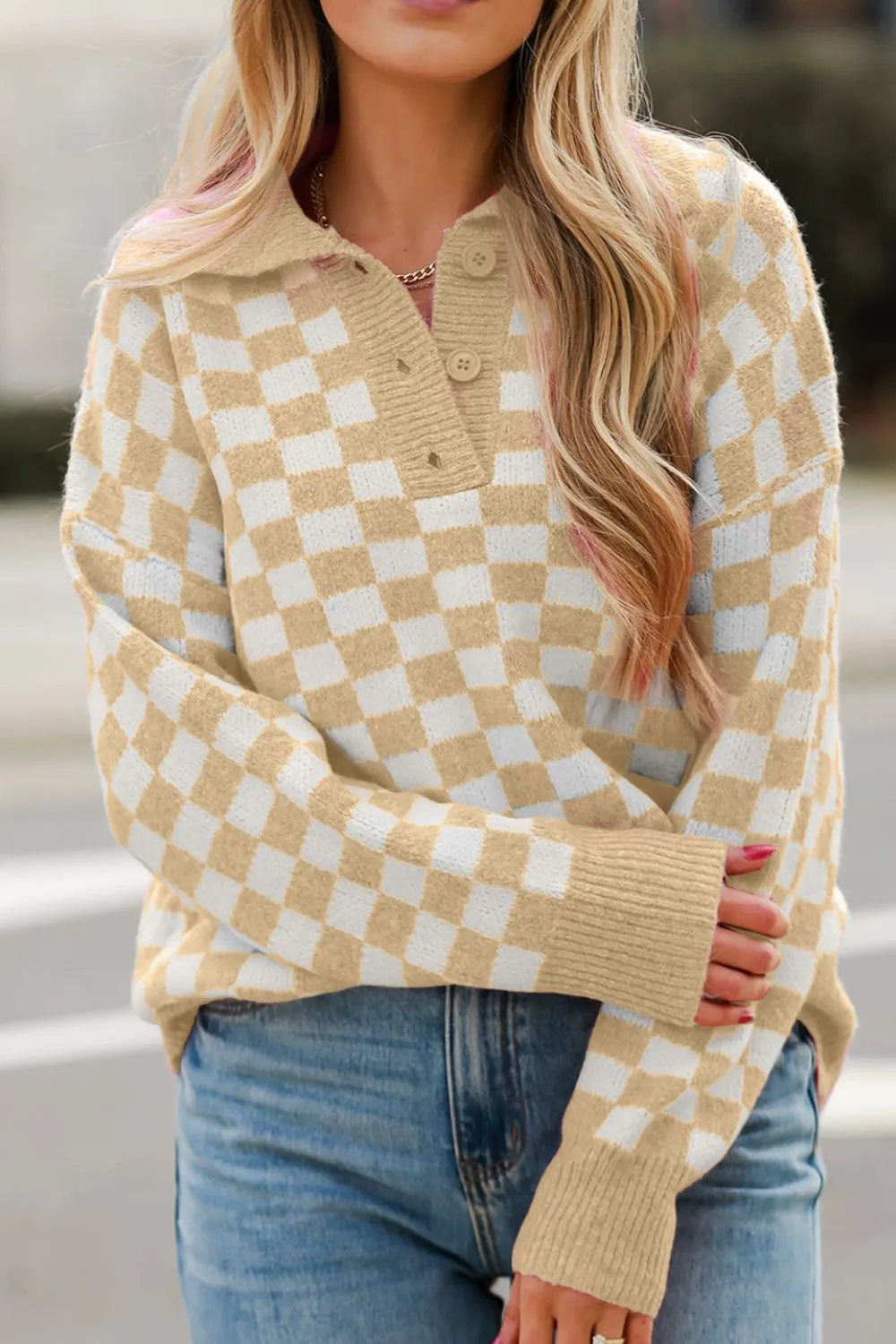 Maxct &Checkered Collared Neck Long Sleeve Sweater