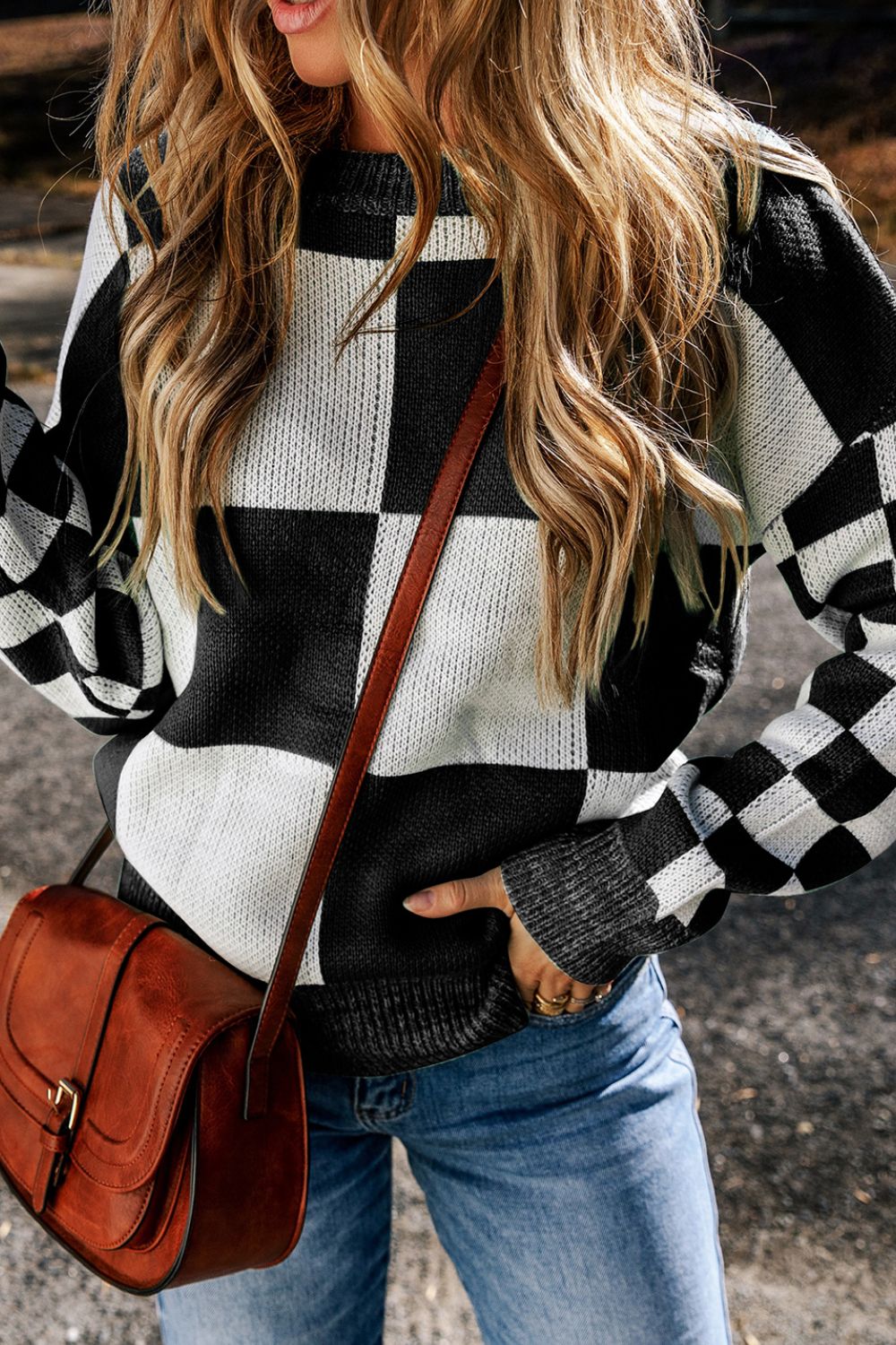 Maxct &Checkered Round Neck Drop Shoulder Sweater