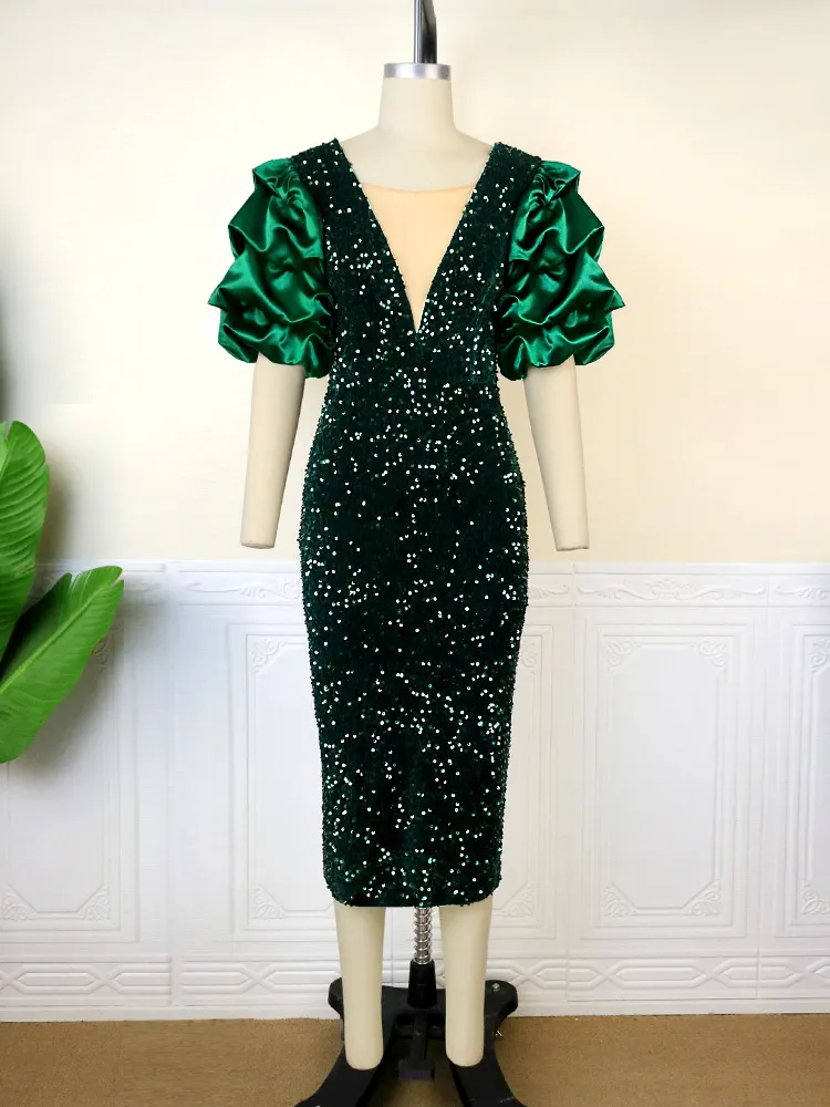 Maxct Am1117 Sexy V-neck Pile Sleeve Dress High Waist V Back Party Sequined Dress Dress Dresses