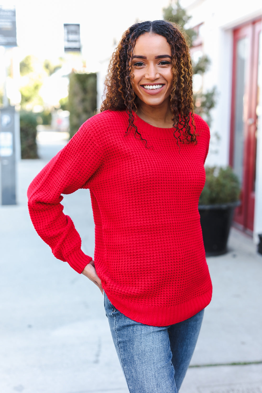Maxct &All Present Christmas Red Waffle Knit Hi-Low Sweater