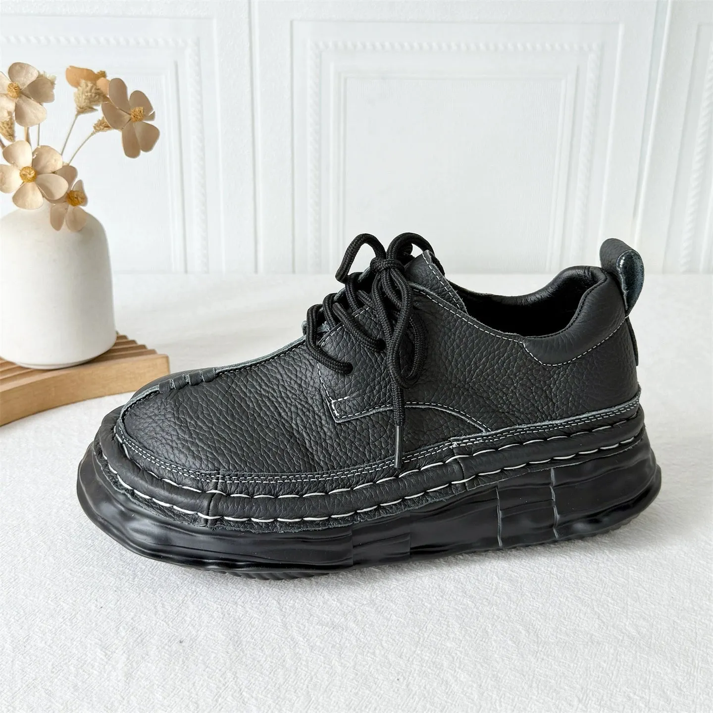 Women Retro Leather Patchwork Platform Casual Boots