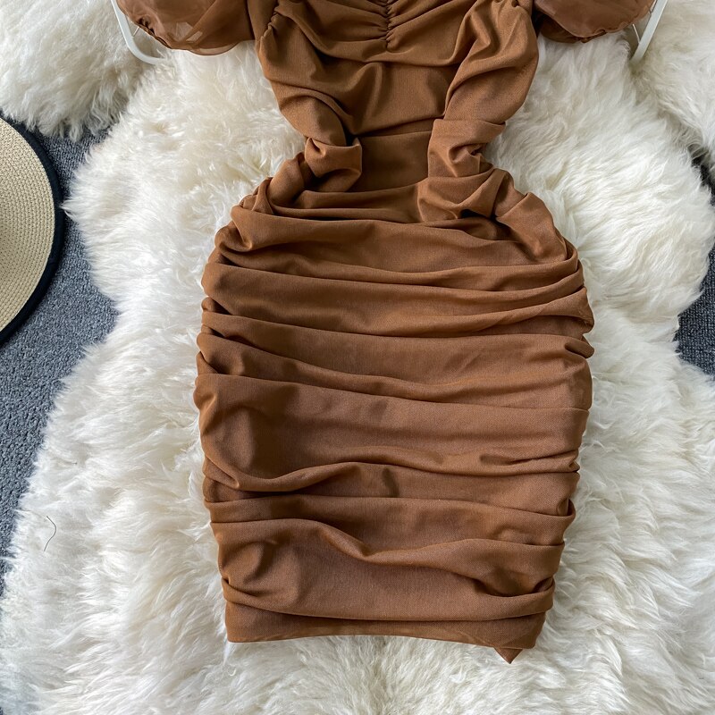 Sexy Mesh Draped Bodycon Dress Women Elegant Square Collar Short Puff Sleeve Pleated Vestidos Female Summer