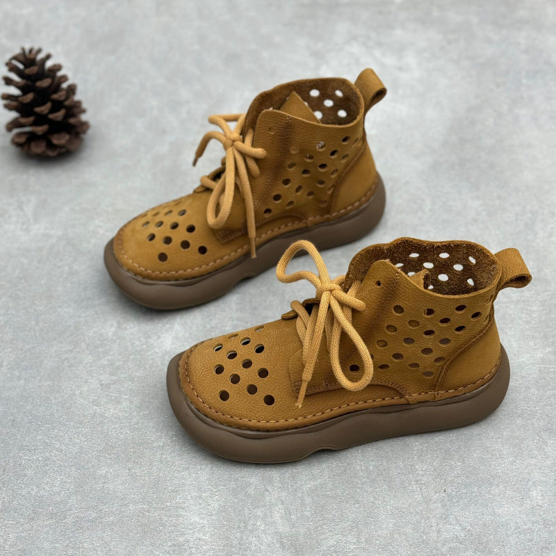 Women Retro Handmade Leather Lace-Up Hollow Out Breathable Boots