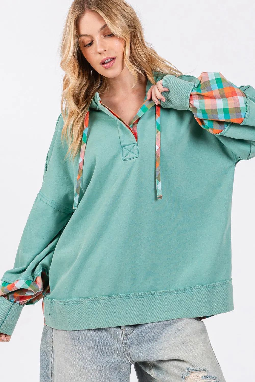 Maxct &SAGE + FIG Full Size Plaid Print Washed Hoodie