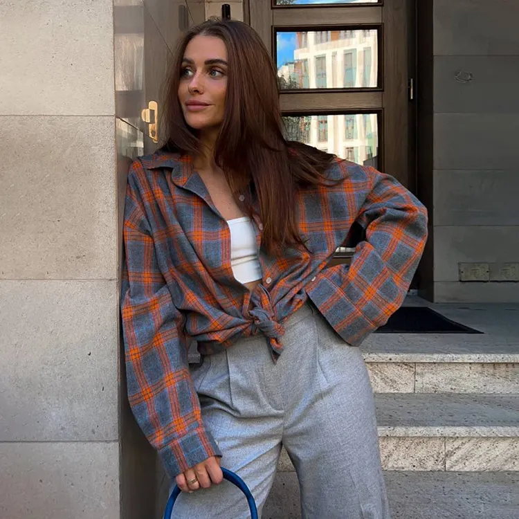 Retro Lapels Lattice Loose Shirt For Women Single-Breasted Long Sleeves Stripe Summer New Casual Versatile Pocket Shirt