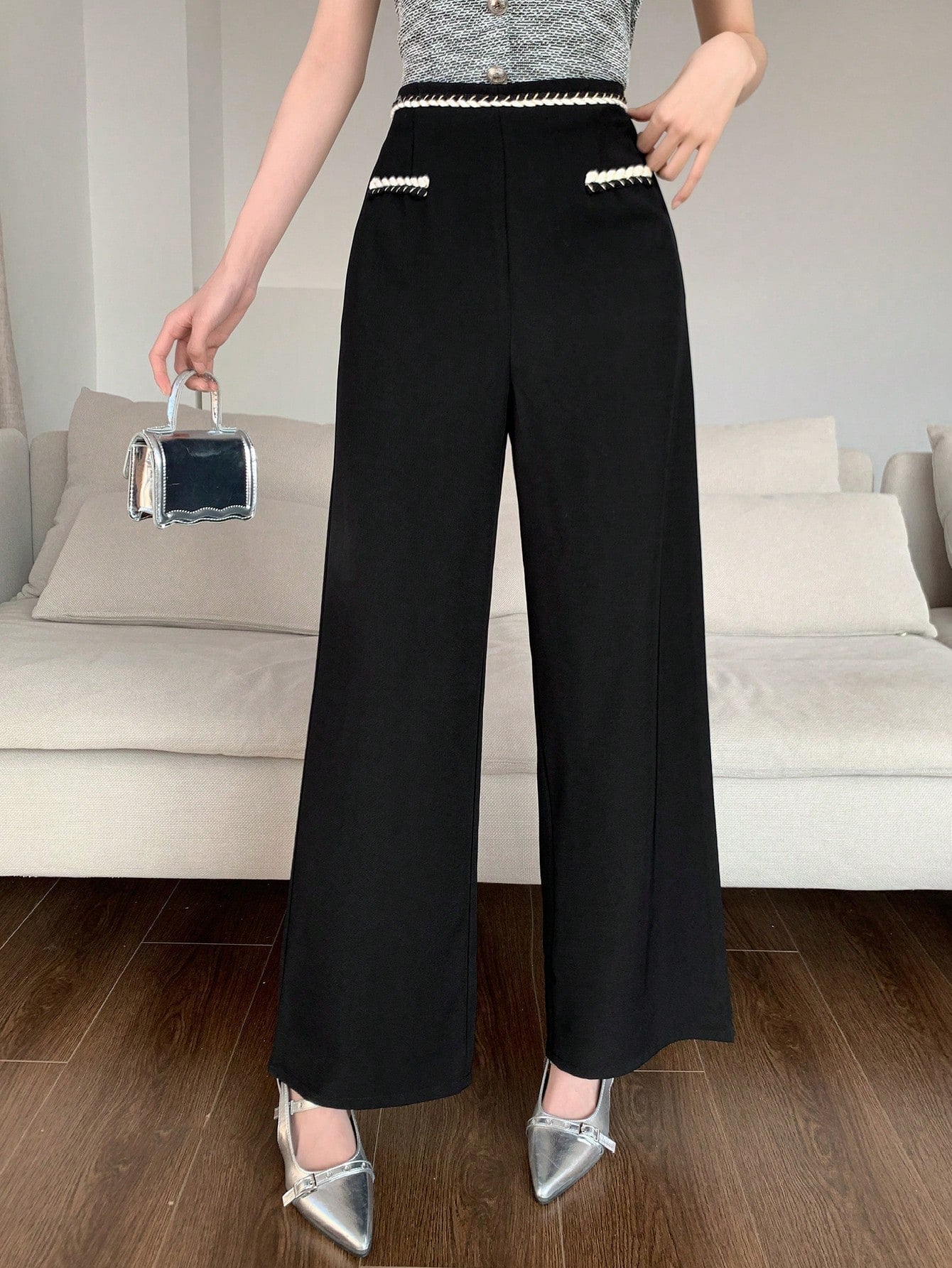 Maxct Women's Casual Woven Belt Splice Wide Leg Suit Pants