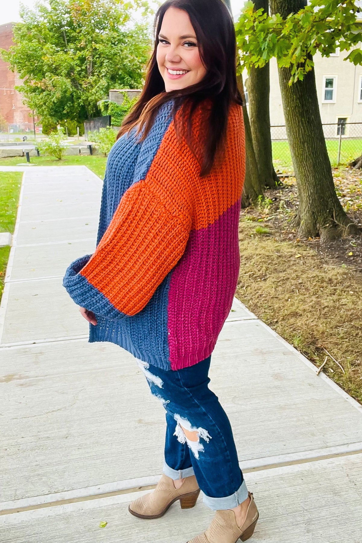Maxct &Dazzle In Magenta & Navy Chunky Knit Color Block Cardigan