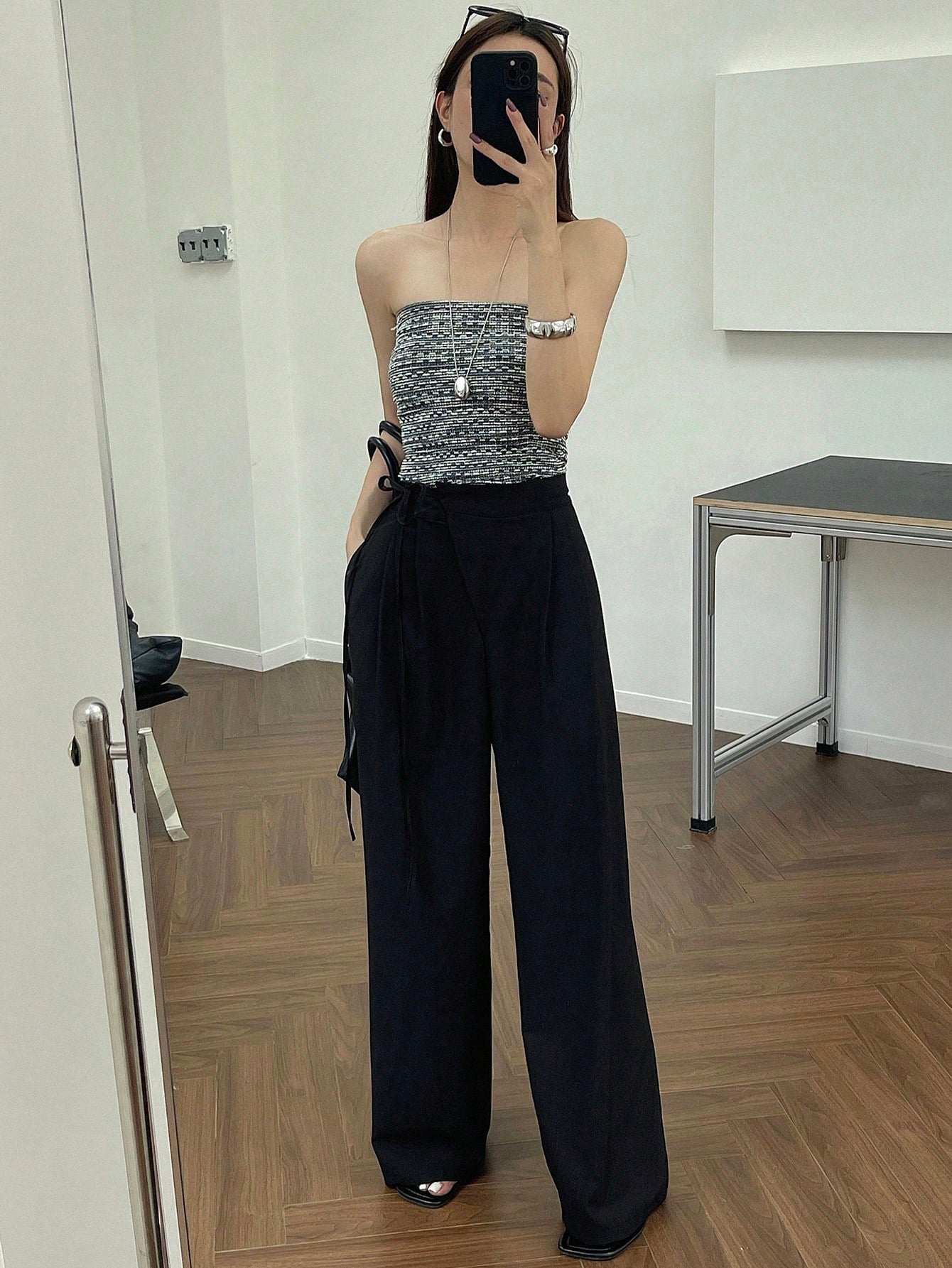 Maxct Solid Color Asymmetric Thin Strap Wide Leg Pants Women's Suit Trousers