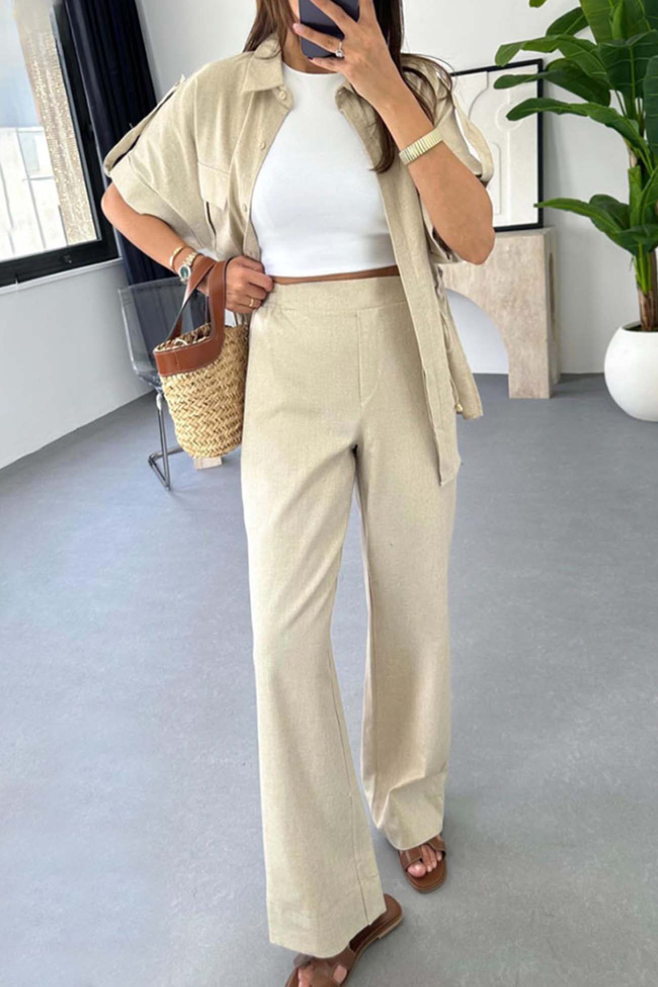 Maxct Half Sleeve Drawstring Shirt Long Pants Two-Piece Set