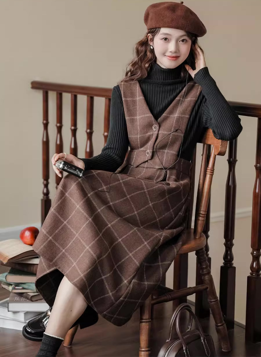 Plaid Vest Pinafore Dress Maxct