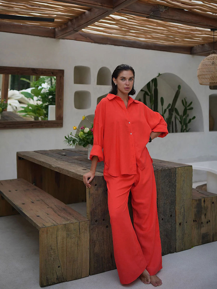 White Casual Cotton Linen Trousers Suit Women's Loose Long Sleeve Shirt Top Elastic Waist Pants Female Outfits Autumn New