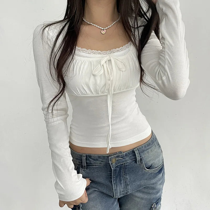 Maxct Preppy Cute Lace Trim Ruched Tie Up T-shirt Fairycore Vintage Grunge Long Sleeve Tees Women Korean Crop Tops Y2K Kawaii Clothes