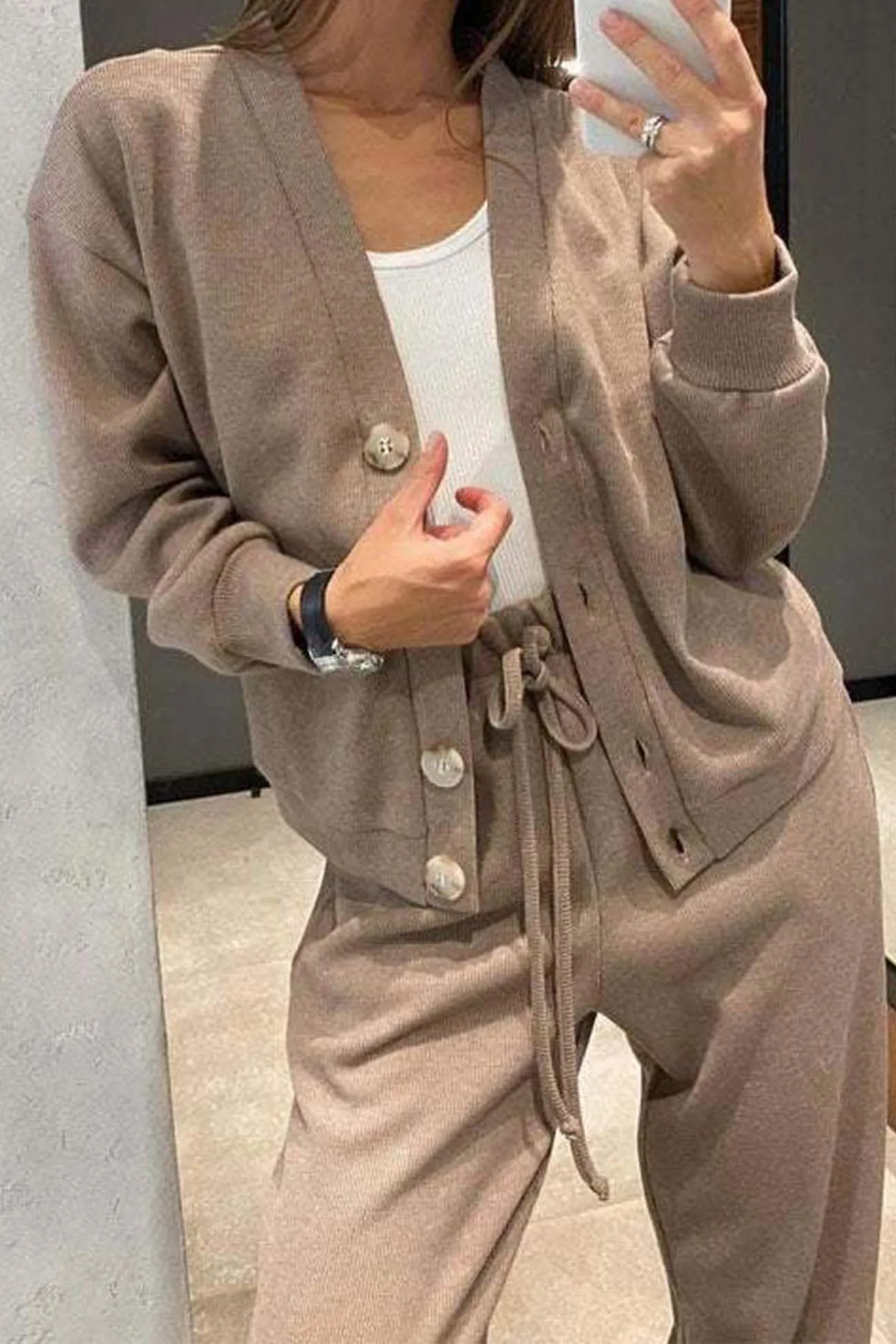 Maxct Solid Color Button Down Cardigan Long Pants Set