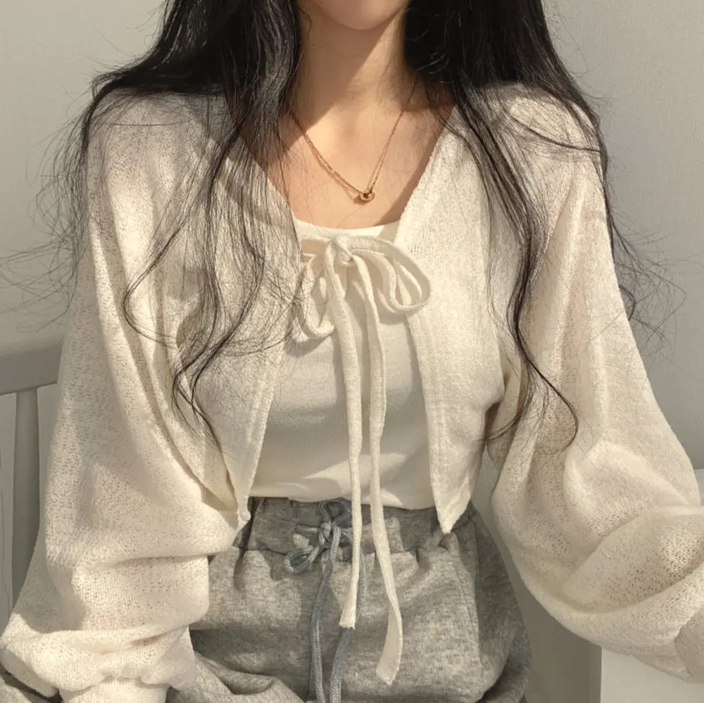 Maxct Thin White Cardigan Bandage Lantern Sleeve Short Coat Pull Femme Knitwear Top Girl Cardigan Korean Style Casual T Shirt
