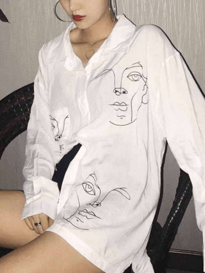Maxct Abstract Face Print Long Sleeve Blouse