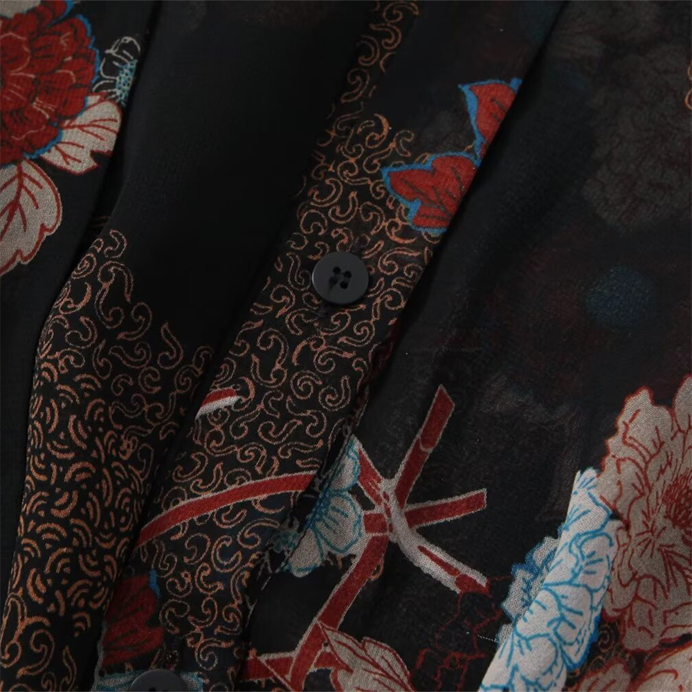 Autumn New Women's Fashion Style Ribbon Decoration Round Neck Long Sleeve Flower Printed Shirt Top