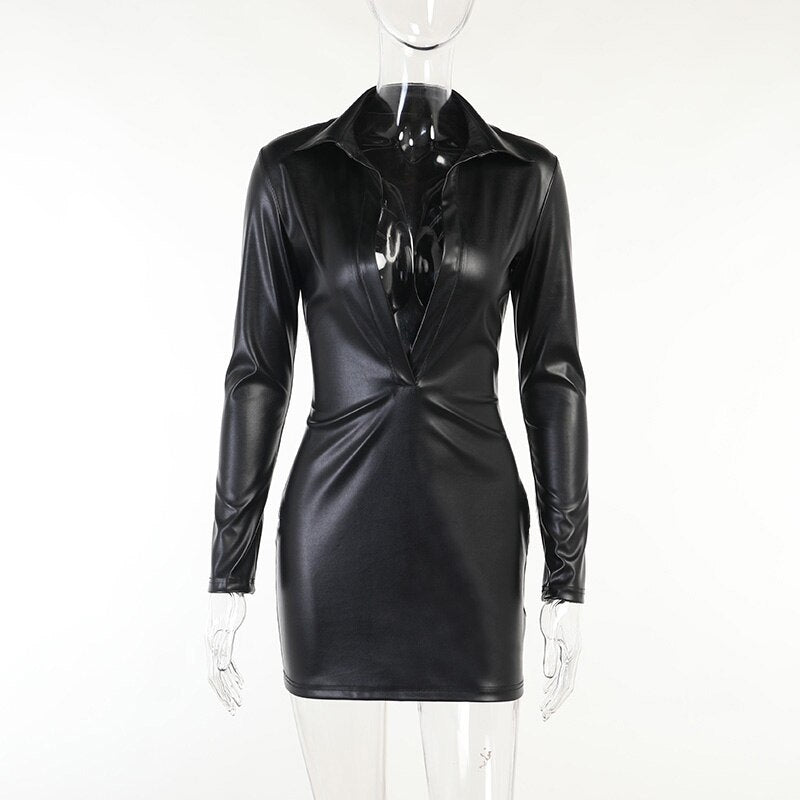 Voguable  Pu Leather Deep V Neck Long Sleeve Loose Mini Dress Winter Casual Streetwear Outfits Club Y2K Maxct