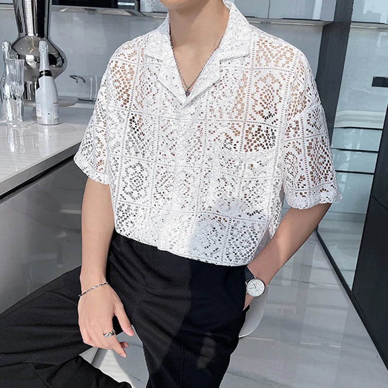 Maxct Summer New Casual Hollow Out Shirts Men Sexy See Through Breathable Shirt For Mens Fashion Solid Color Lapel Buttoned Cardigans